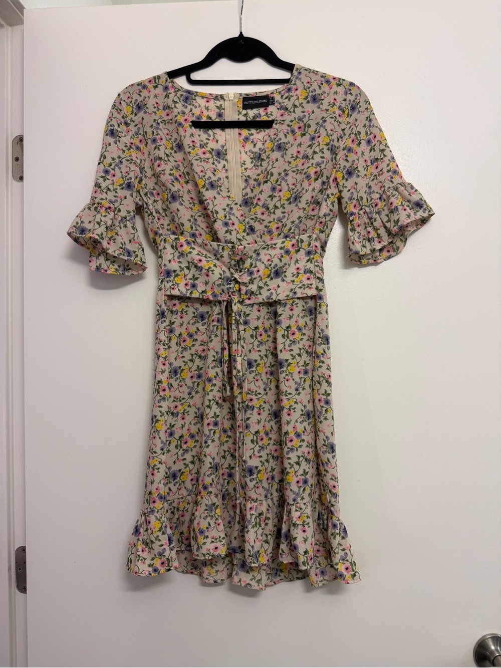 PrettyLittleThing Floral Tie-Waist Ruffle Dress